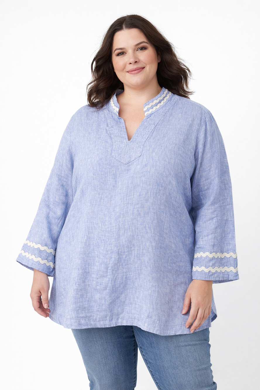 Chico’s Linen Tunic Womens Size 3.5 US 18 Vacation Resort Embellished Collar